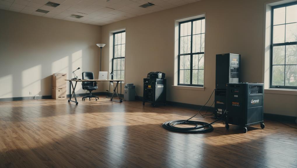 Professional mold remediation equipment including air movers and dehumidifiers in a clean, restored office space—highlighting expert moisture control and restoration services for mold-free environments.