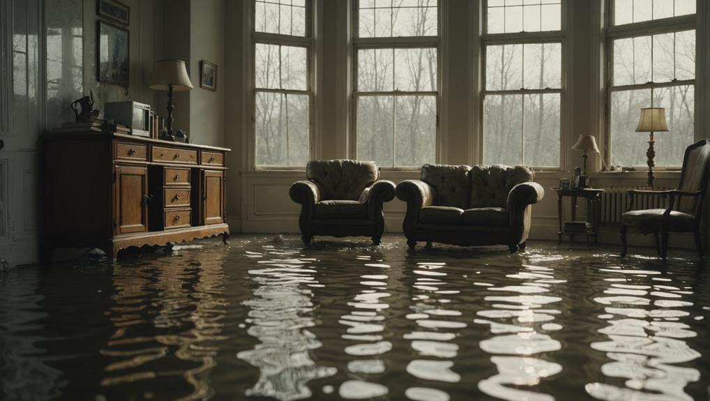 Flooded living room with standing water submerging furniture, illustrating the risk of mold growth and the critical need for professional mold remediation services.